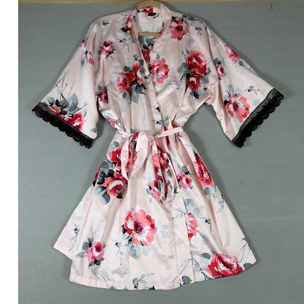 Apt 9 Intimates Pink Floral Satin Robe XL Lace Trim Kimono Short Wrap Lingerie